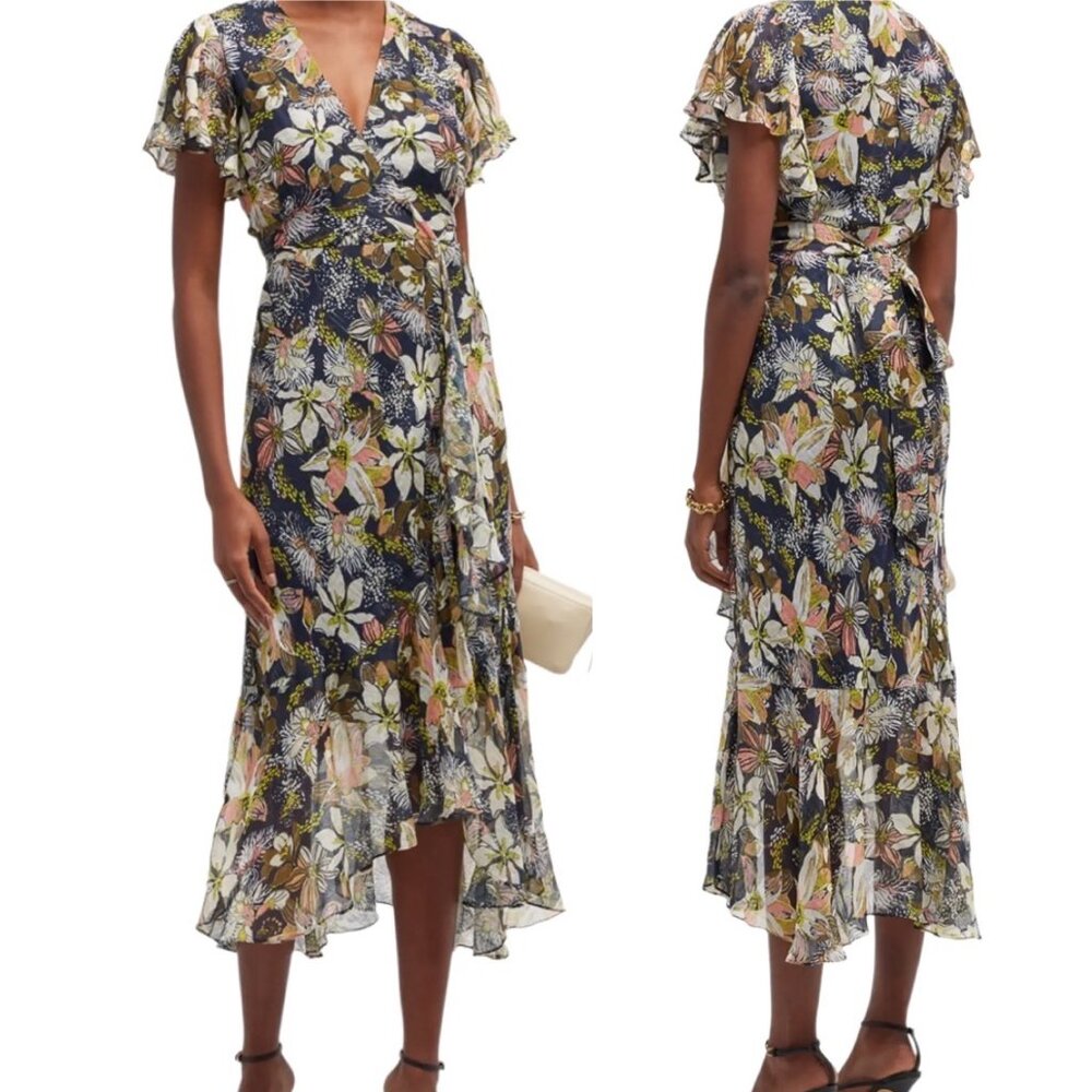 Tanya Taylor Blaire Printed Linen-Silk Midi Faux-Wrap Dress Maritime Blue Multi